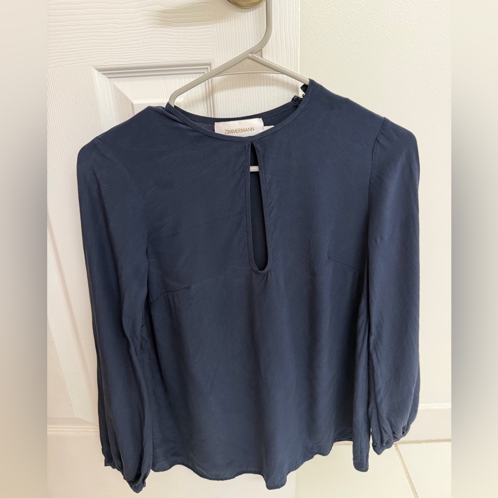 Zimmermann Navy 100% Silk Long Sleeve Keyhole Top